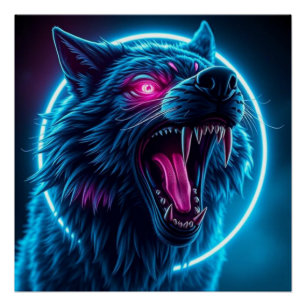 Póster Lobo Neon de Terror Olhos Brilhantes Fantasia Somb
