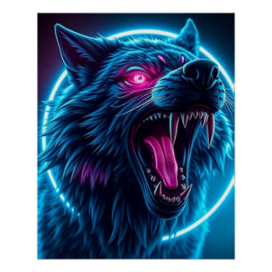 Póster Lobo Neon de Terror Olhos Brilhantes Fantasia Somb