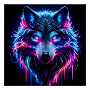 Póster Lobo Neon Olhos Brilhantes Animal Futurista Cyberp