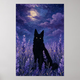 Poster Lobo Preto em Campo de Lavanda