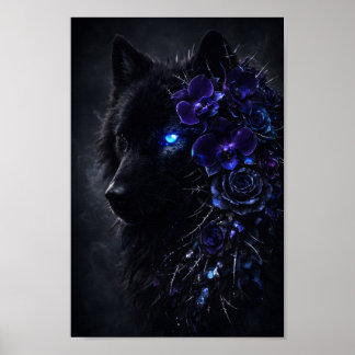 Poster Lobo Preto Gótico com Olho Azul Brilhante Floral R