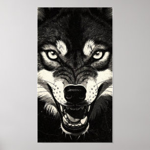 Poster Lobo Rosnando Gráficos Preto Branco Estilo 50s