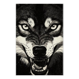 Póster Lobo Rosnando Gráficos Preto e Branco Estilo 50s