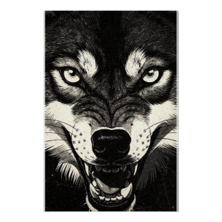Póster Lobo Rosnando Gráficos Preto e Branco Estilo 50s