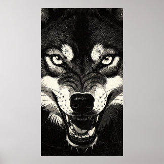 Poster Lobo Rosnando Gráficos Preto e Branco Estilo 50s