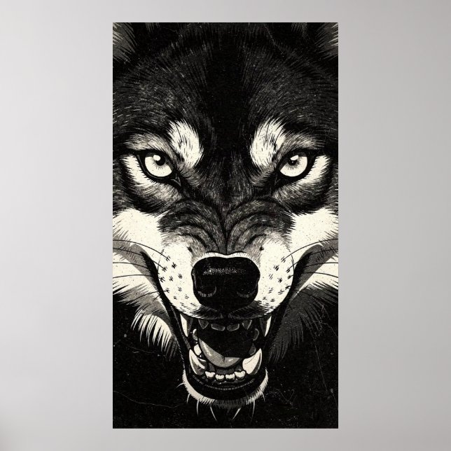 Poster Lobo Rosnando Gráficos Preto e Branco Estilo 50s (Frente)