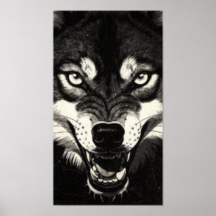 Poster Lobo Rosnando Gráficos Preto e Branco Estilo 50s