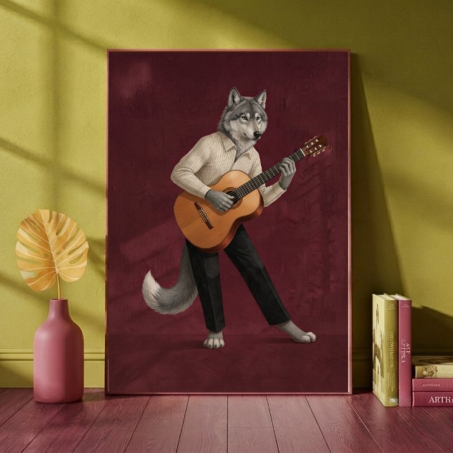 Poster Lobo Sofisticado Tocando Violão Arte  (Criador carregado)