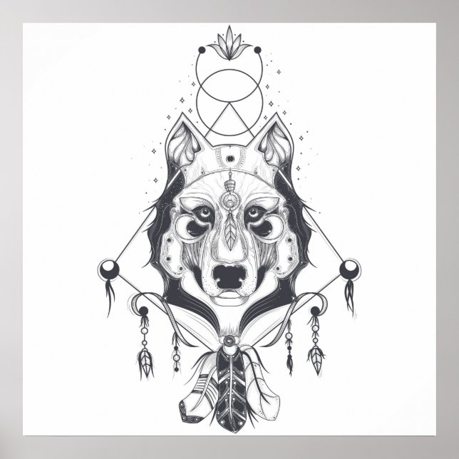 Poster Lobo Tribal de Preto e Branco (Frente)