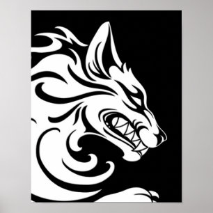 Poster Lobo Tribal Negro e Branco Agressivo