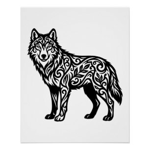 Póster Lobo Tribal Ornamental com Redemoinhos Decorativos