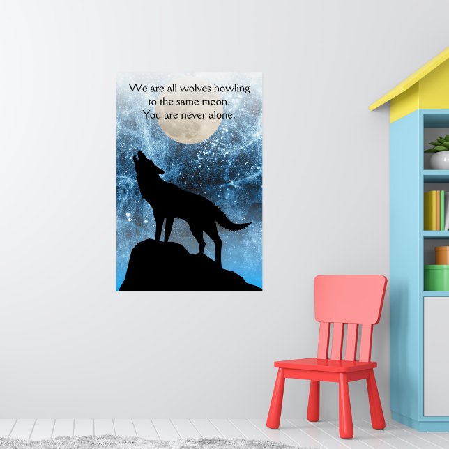 Poster Lobo uivando lua cheia azul preto Citação personal (Berçário 1)