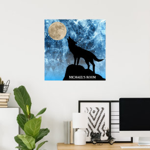 Poster Lobo uivando lua cheia azul preto Nome personaliza