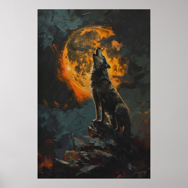 Poster Lobo Uivando para a Lua Cheia Laranja Imprimível T (Frente)