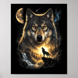 Poster Lobo Uivando Para a Lua Vintage 90s Animal Retro