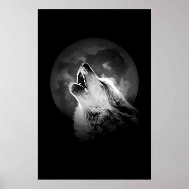 Póster Lobo Uivando Preto e Branco & Lua (Frente)