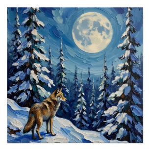 Póster Lobo Vintage na Floresta de Inverno sob a Luz da L