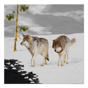 Póster Lobos na Pintura da Neve - Arte Original sobre a V