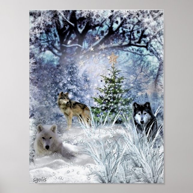 Poster Lobos no inverno no bosque (Frente)