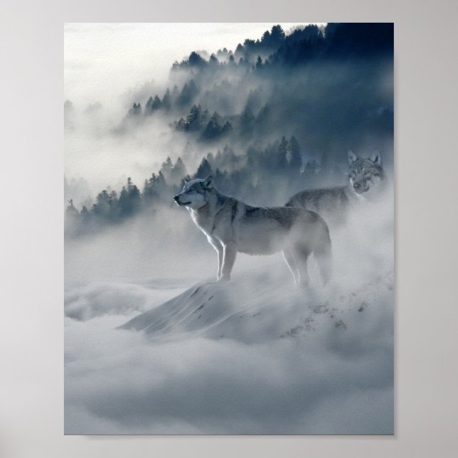 Poster Lobos numa paisagem de inverno (Frente)