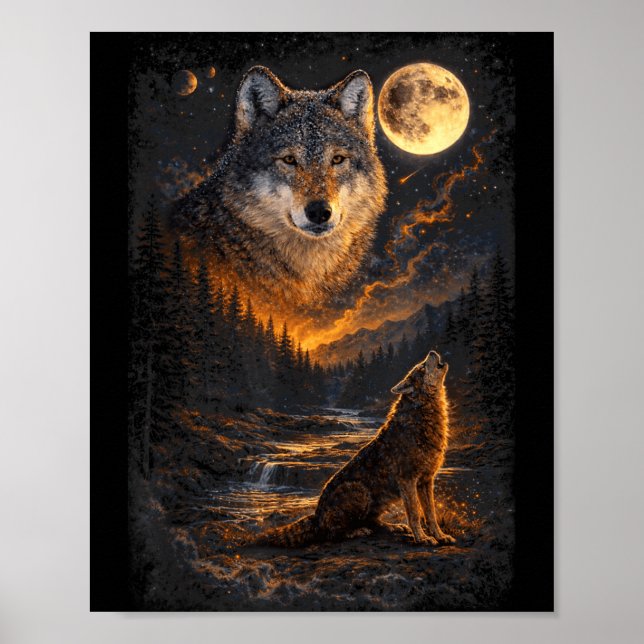 Poster Lobos Uivando Lua Floresta Natureza Amantes da Vid (Frente)