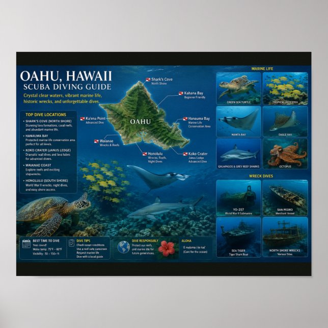 Poster Locais de Mergulho no Havaí (Frente)