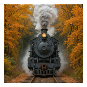 Póster Locomotiva a Vapor Antiga em Bosque de Outono