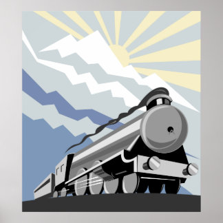 Póster locomotiva-comboio a vapor que viaja na montanha