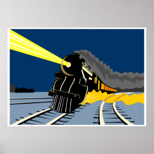 Póster locomotiva do trem do vapor que viaja em luzes da