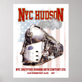 Poster Locomotiva NYC Dreyfuss Hudson. Bandeira americana