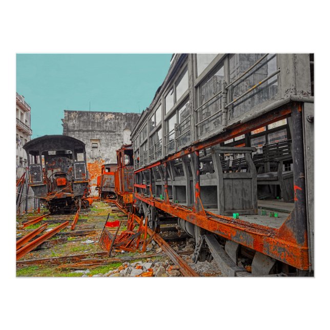 Póster Locomotivas velhas e enferrujadas e carruagens (Frente)