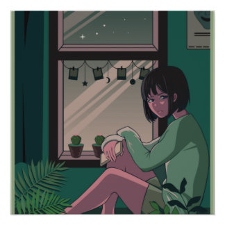 Póster Lofi Anime Art Sad Girl Missing