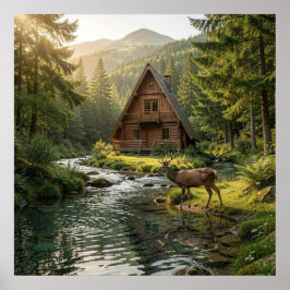 Poster Log Cabin, Stream, Mountains and Deer Nature Art