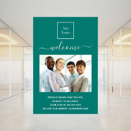 Poster logotipo de empresa verde foto boas-vindas horário