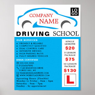 Poster Logotipo do Carro Azul, Escola de Condução, Aviso 