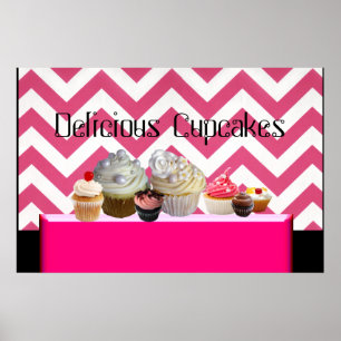 POSTER LOJA DE CUPCAKES DELICIOSOS/ CHEVRON ROSA BRANCO