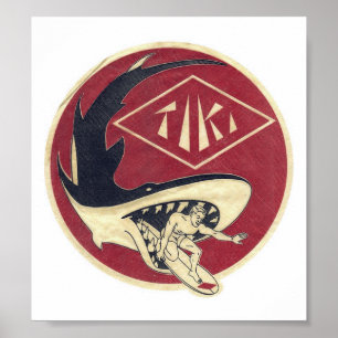 Poster Loja w/Surfer&Shark do surf de Tiki em a