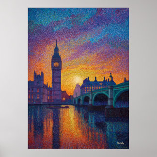 Poster London Big Ben Pointillism Skyline Sunset Art