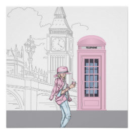 Póster London City Girl com Poster de caixa de telefone r