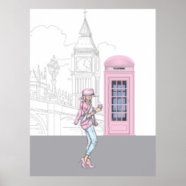 Poster London City Girl com tela de tela de caneta rosa