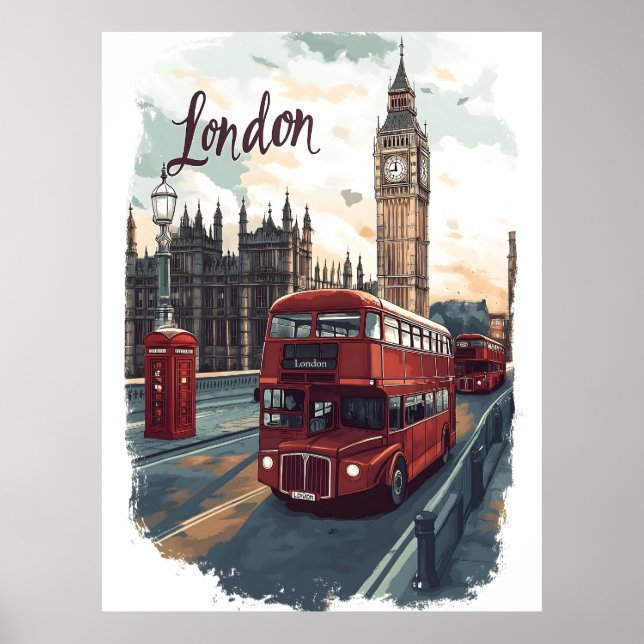 Poster London Cityscape com Barramento de Decker Duplo e  (Frente)