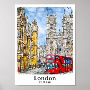 Poster London England UK Viagem Watercolor Hand Drawn