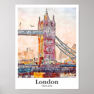 Poster London England Viagem Watercolor Hand Drawn