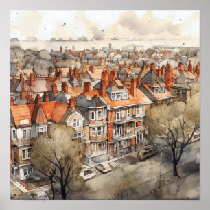 Poster London Suburbs Watercolor Painting Square