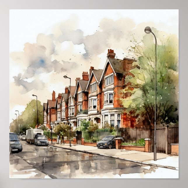 Poster London Suburbs Watercolor Painting Square (Frente)