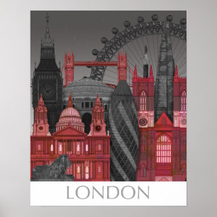 Poster Londres Elevações por Noite - Vermelho