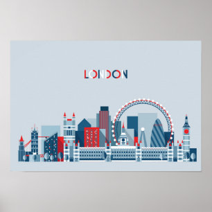 Póster Londres, Inglaterra skyline vermelha, branca e