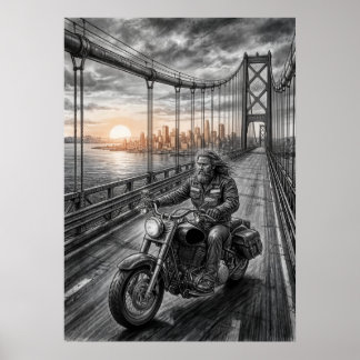 Poster  Lone Biker Crosses Suspension Bridge City Skyline