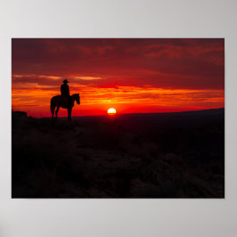 Poster Lone Cowboy Silhouette Dramatic Red Sunset Western