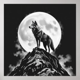 Poster Lone Howl: Arte a carvão na lua cheia e no lobo